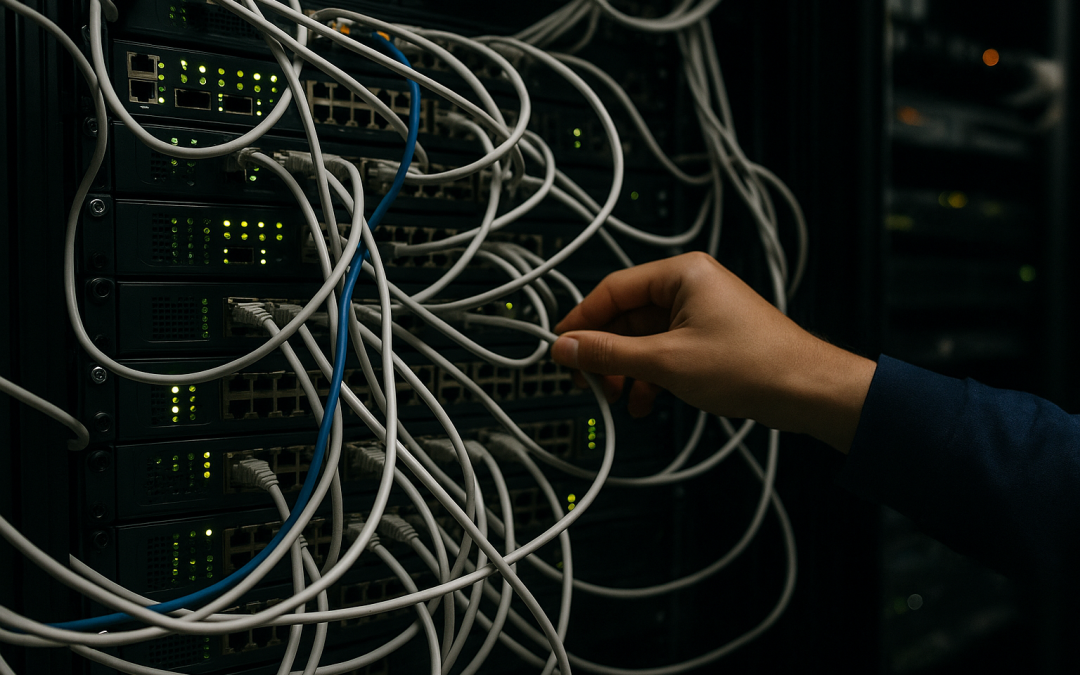 Main manipulant des câbles dans une baie de serveurs, illustrant la gestion technique des infrastructures et les enjeux de cybersécurité.